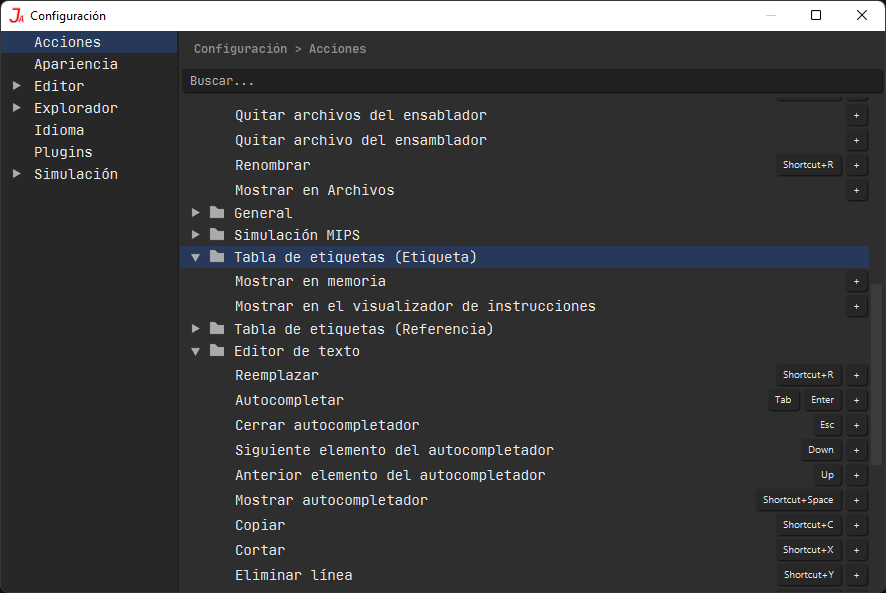 Actions available in the configuration window